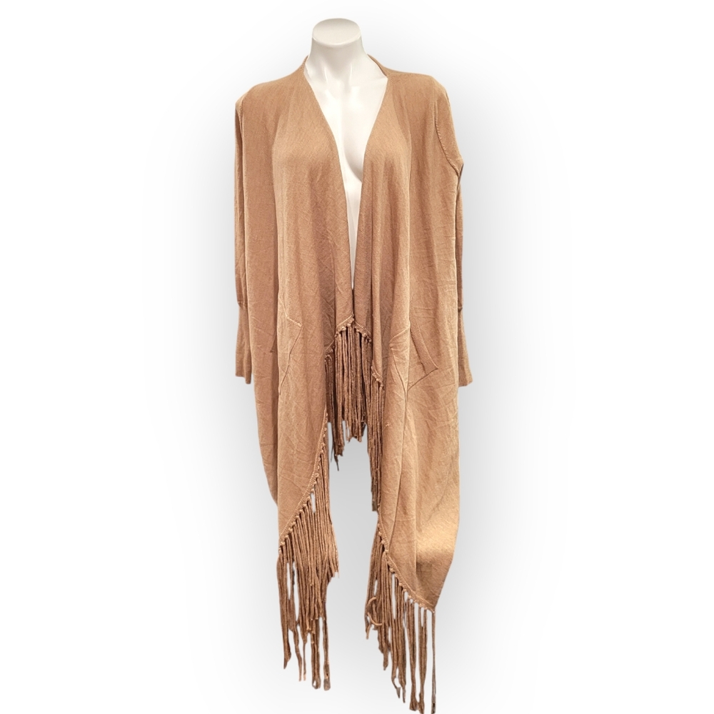 Isaac Mizrahi New York Womens Medium Wool Fringe Tan Cardigan